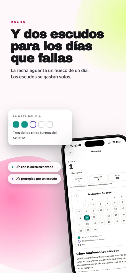 La racha, con el calendario del mes y los dos escudos